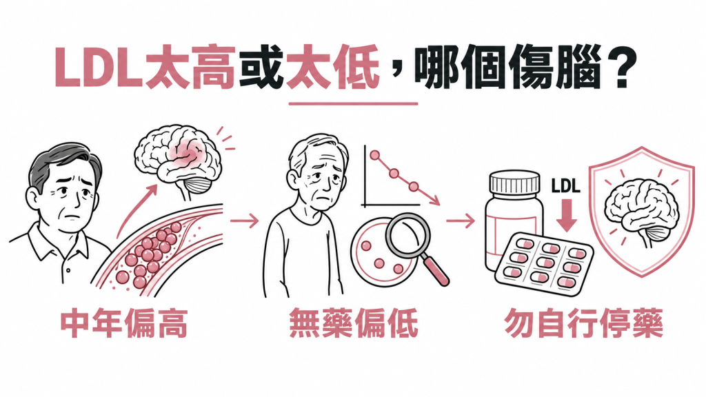 膽固醇與失智:中年 LDL 偏高、沒吃藥卻偏低、吃藥壓低不必自行停藥的資訊圖