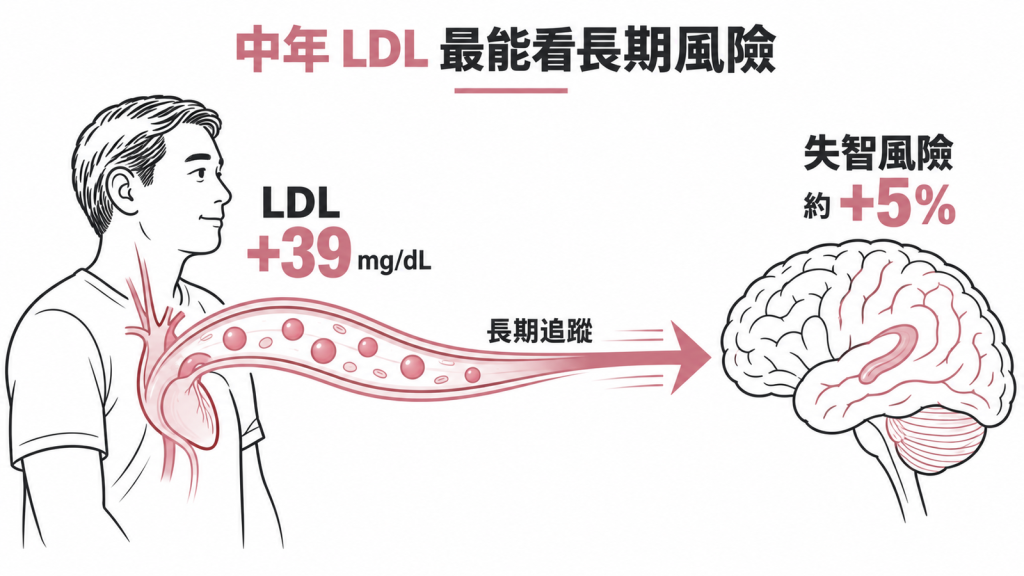 中年 LDL 每高約 39 mg/dL,長期追蹤後失智風險約增加 5%