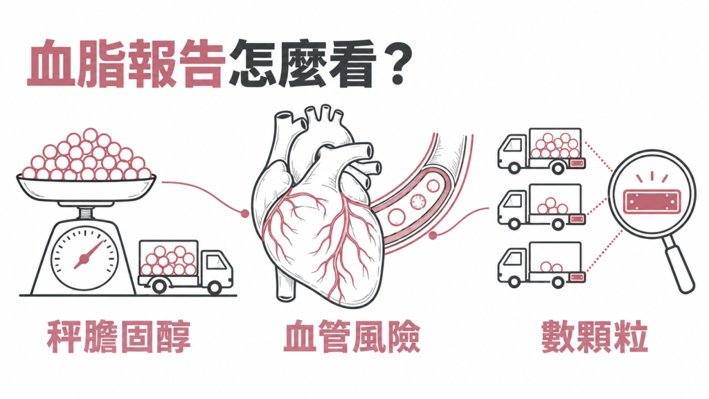 血脂報告怎麼看資訊圖：膽固醇是秤車上的貨，apoB 是數路上的車，兩者都連到血管風險