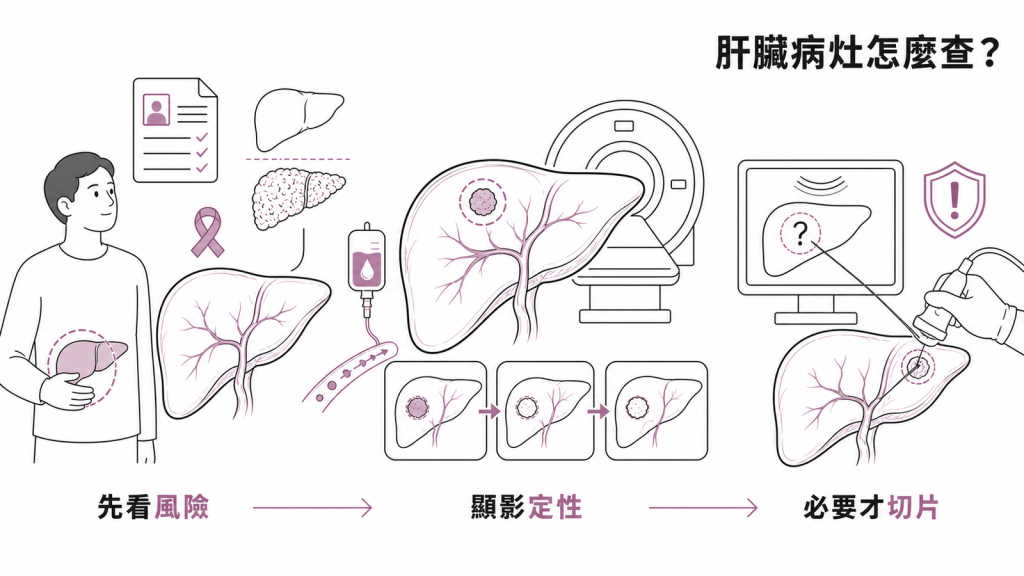 肝臟不明病灶的處理流程圖:先看風險分層,再用顯影影像定性,必要時才做切片