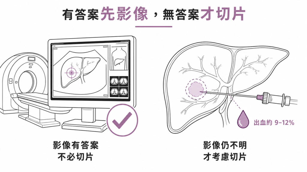 影像能給出答案時不必切片;影像仍不明才考慮切片,切片的出血風險約 9 到 12%