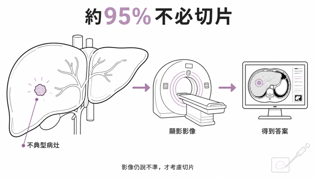 低風險族群的流程:不典型病灶先做顯影影像,約 95% 在這一關得到答案、不必切片