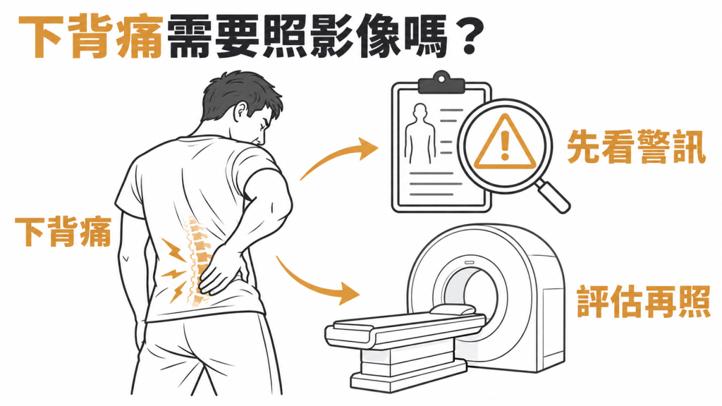 下背痛需要照影像嗎?資訊圖表顯示先確認危險警訊,評估後才安排 MRI 等影像檢查