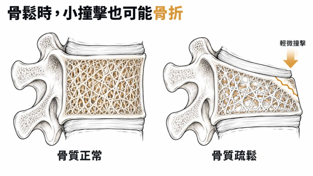 骨質正常與骨質疏鬆椎體對照圖,骨鬆的椎體在輕微撞擊下就出現裂痕
