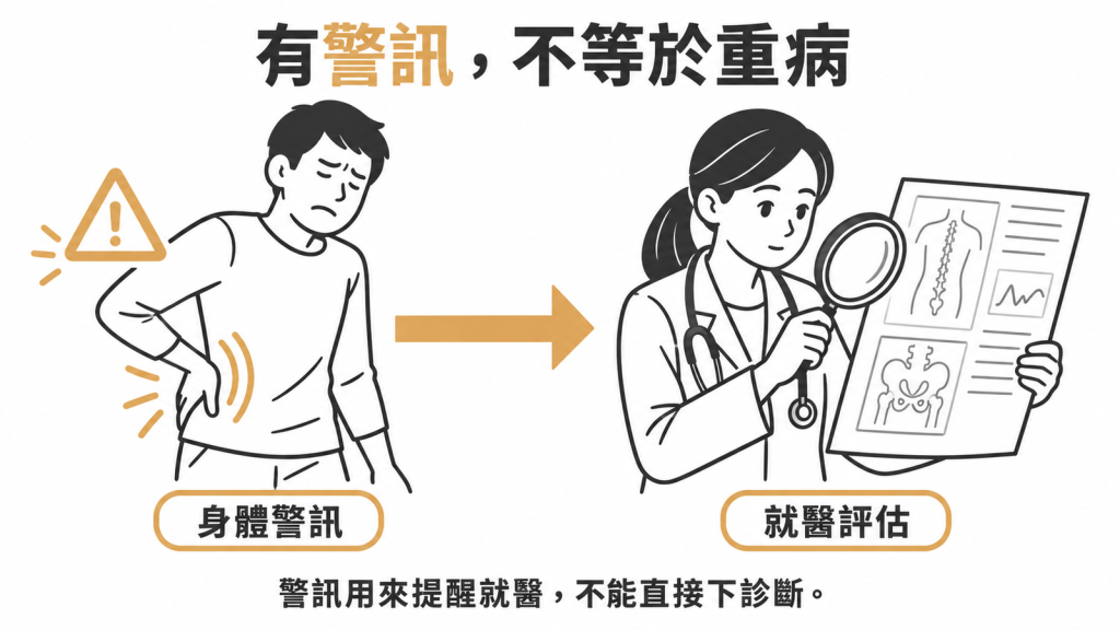 示意圖說明身體出現警訊是用來提醒就醫評估,不能直接當成重病的診斷