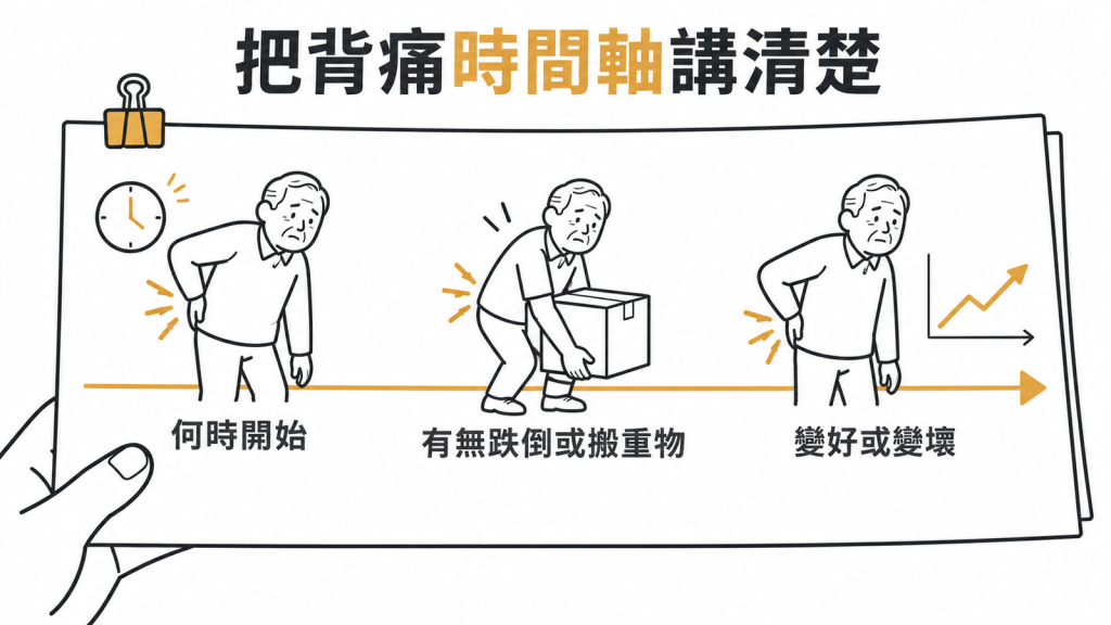 把背痛時間軸講清楚的示意圖:什麼時候開始痛、有沒有跌倒或搬重物、這幾天是變好還是變壞