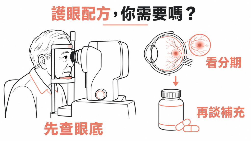 葉黃素 AREDS2 配方使用順序圖解：先做眼底檢查、確認黃斑部病變分期，再討論要不要補充