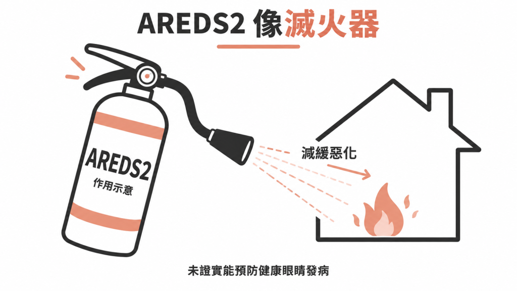 AREDS2 像滅火器不像防火建材：只能壓下已經開始的黃斑部退化，無法讓健康的眼睛更不容易生病