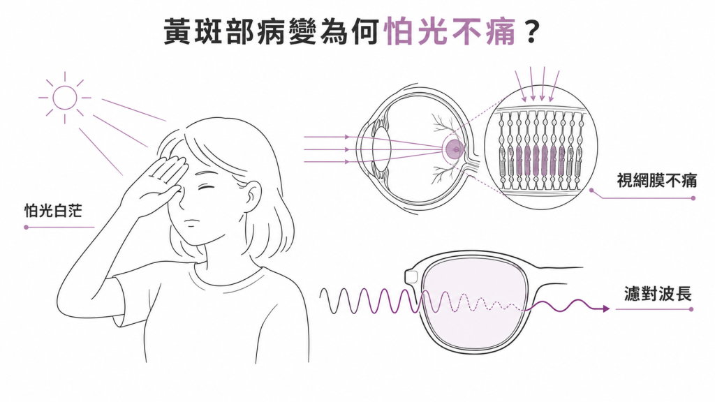 黃斑部病變怕光但不痛的示意圖,說明白茫感來自光受器、視網膜沒有痛覺,以及濾光眼鏡要挑對波長