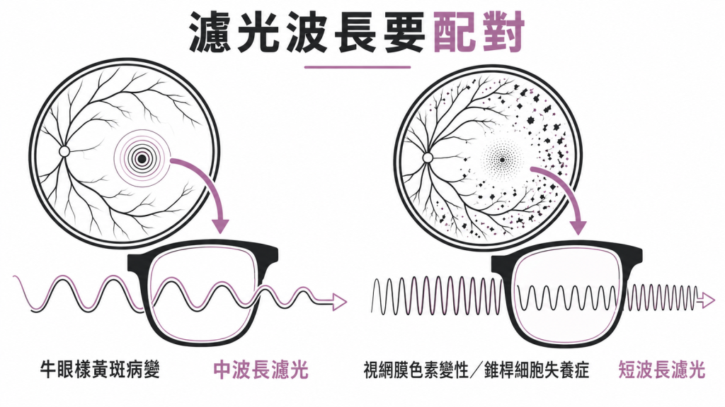 牛眼樣黃斑病變搭配中波長濾光、視網膜色素變性與錐桿細胞失養症搭配短波長濾光的對照示意圖