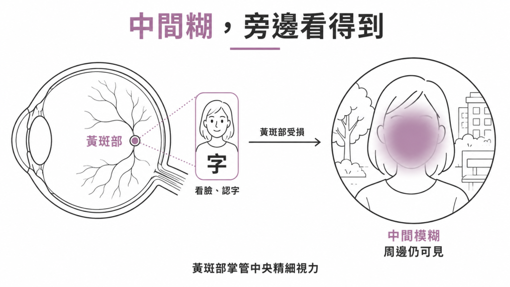 黃斑部位於視網膜正中央掌管看臉與認字,受損後中間模糊但周邊仍看得到的示意圖
