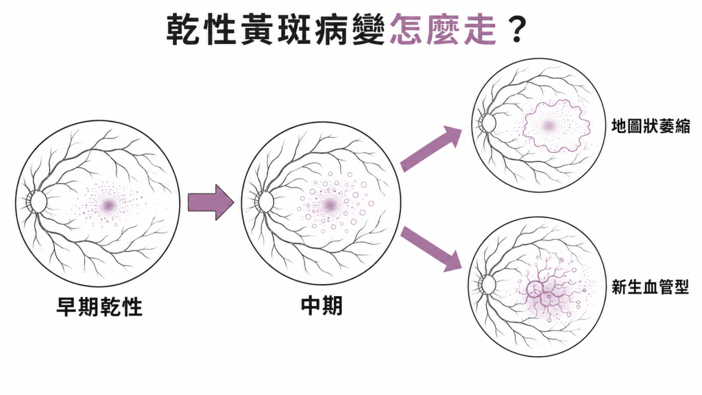 早期乾性變化加重到中期後,晚期分成地圖狀萎縮與新生血管型兩條路的眼底流程示意圖