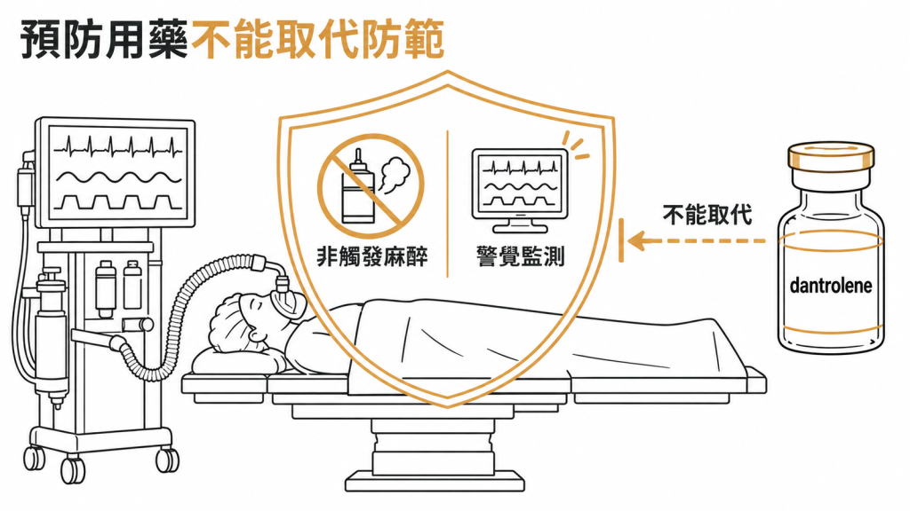 預防性 dantrolene 不能取代非觸發麻醉與術中警覺監測,它可能只減輕反應未必完全預防