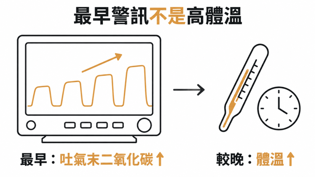 惡性高熱發作時最早出現的是吐氣末二氧化碳上升,體溫上升反而較晚