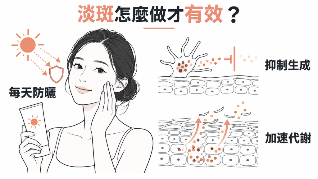 黑色素生成與淡斑對策資訊圖：防曬、抑制生成、代謝清除