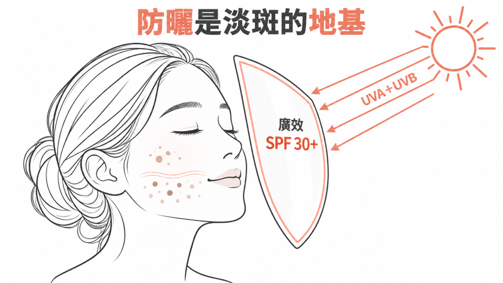 廣效 SPF 30 以上防曬擋住 UVA 與 UVB，是淡斑療程的地基