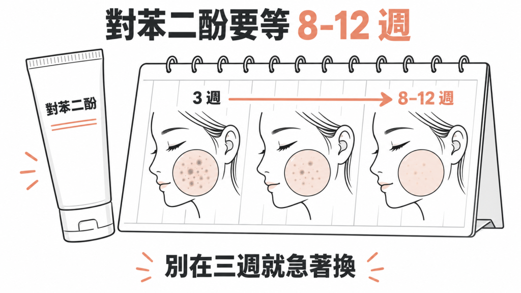 對苯二酚需連用 8 到 12 週才看得出效果，三週就換產品等於只試了三分之一