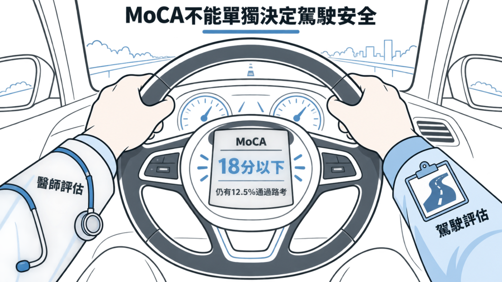 MoCA 與開車安全:只在已診斷認知障礙的人身上能預測路考;每少 1 分,路考不及格機率約高 1.36 倍;18 分以下要