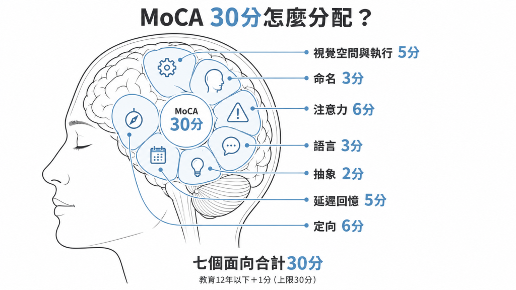 MoCA 30 分怎麼分配:視覺空間與執行 5 分(連線、畫立方體、畫時鐘)、命名 3 分、注意力 6 分、語言 3 分、抽象