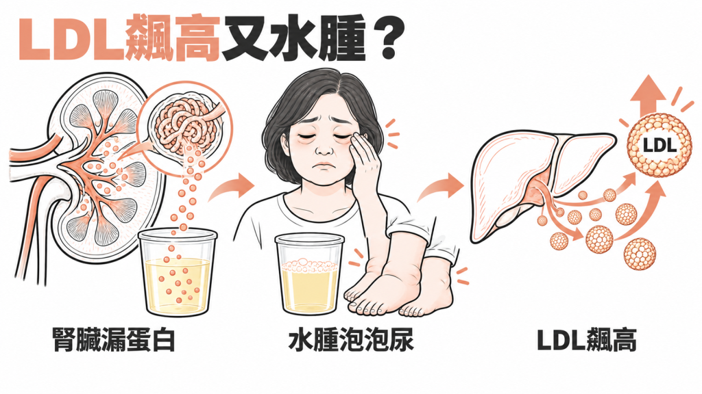 腎病症候群讓蛋白從尿中漏掉，肝臟被迫多做膽固醇，出現 LDL 升高、腳腫與泡泡尿，治療重點在減少蛋白尿