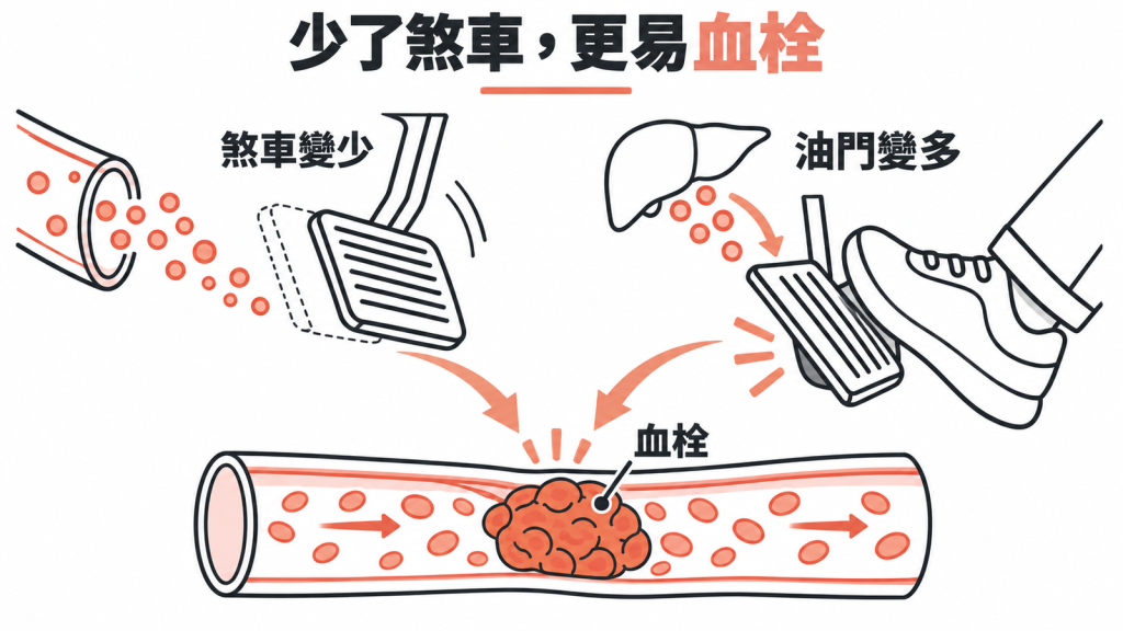用汽車煞車與油門比喻凝血平衡：代表煞車的抗凝血蛋白從尿中流失，代表油門的凝血因子增加，血液偏向凝固