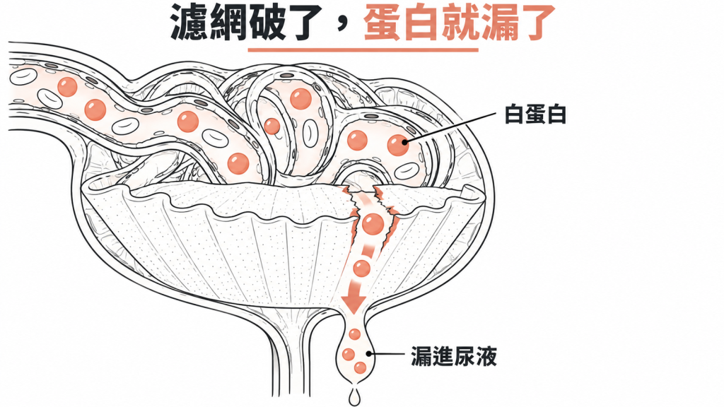 用咖啡濾網比喻腎絲球：左邊濾網完整，留住白蛋白；右邊濾網破洞，蛋白漏進尿液並冒出泡泡