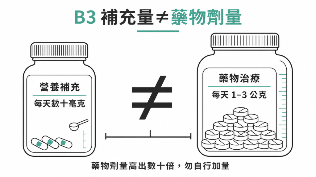 維生素 B3 的營養補充劑量與菸鹼酸藥物治療劑量差距數十倍的對照示意圖