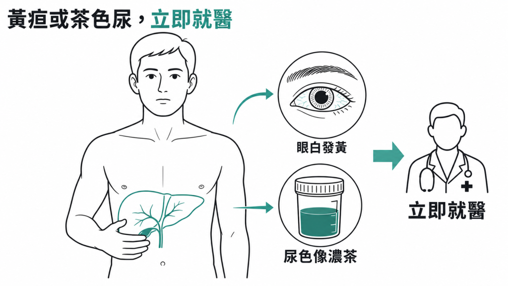服用菸鹼酸出現眼白發黃或茶色尿代表肝臟受影響,要立即就醫的示意圖