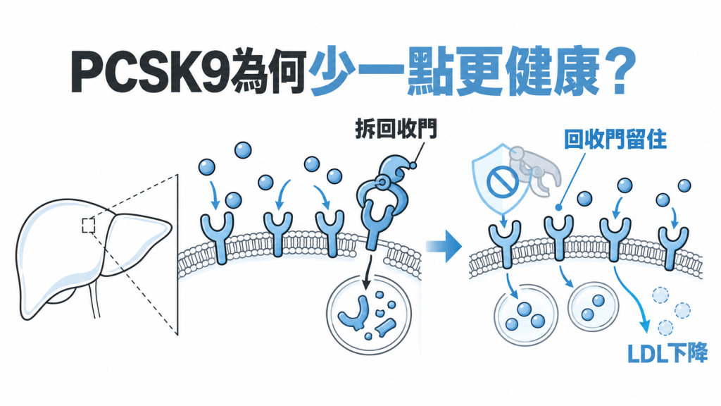 PCSK9 蛋白質把肝臟表面清除壞膽固醇的 LDL 回收門拆掉送去分解,抑制它則讓回收門留住、LDL 下降