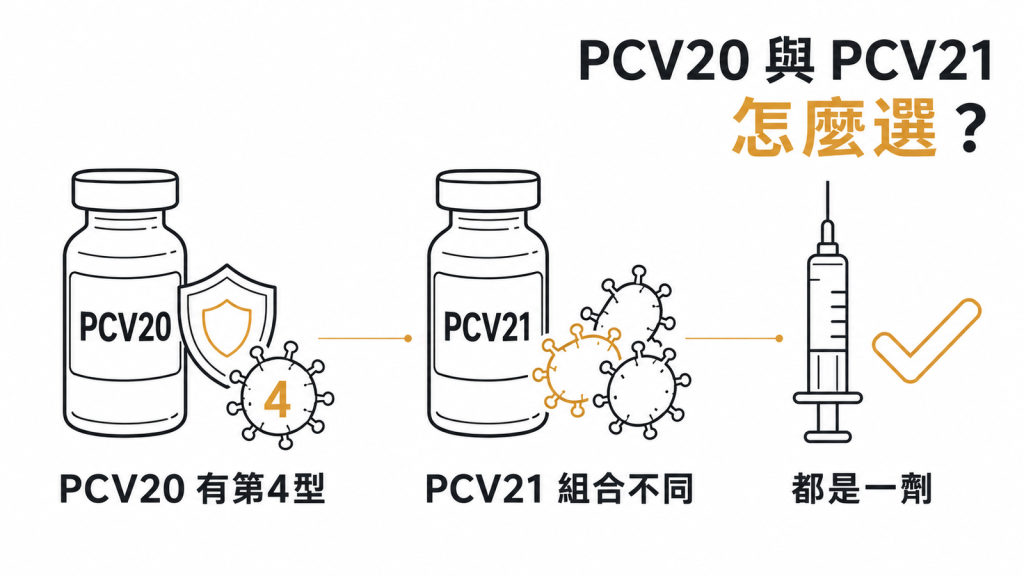 PCV20 與 PCV21 怎麼選:PCV20 涵蓋第 4 型、PCV21 血清型組合不同、兩支都是單劑
