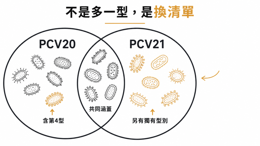PCV20 與 PCV21 的血清型清單重疊但不包含,PCV20 含第 4 型、PCV21 另有獨有型別