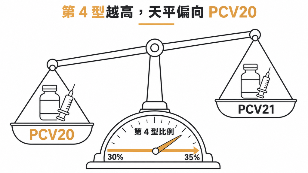當地第 4 型佔比超過 30% 到 35% 時,成本效益模型的天平偏向 PCV20 的示意圖