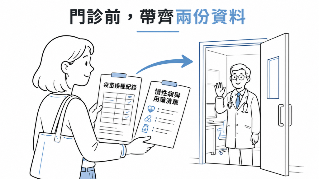 門診前帶齊兩份資料:過去的疫苗接種紀錄、慢性病與目前用藥清單