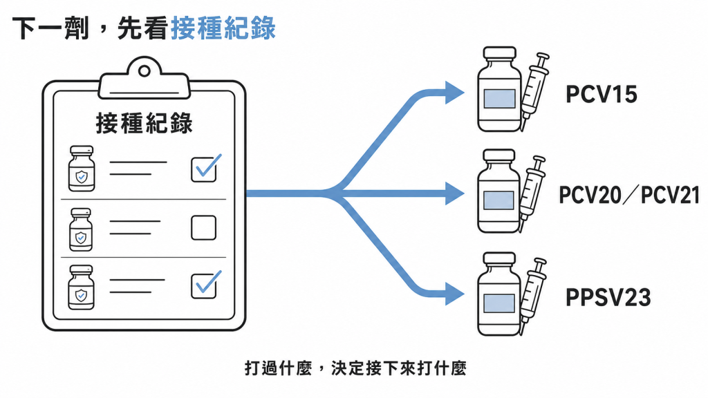 過去的接種紀錄決定下一劑打 PCV15、PCV20、PCV21 還是 PPSV23 的分流示意圖