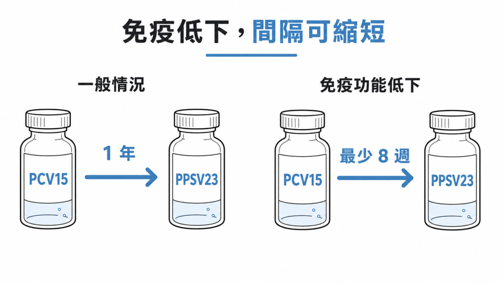 免疫功能低下者 PCV15 之後接 PPSV23 的間隔,從一般的 1 年縮短到最少 8 週