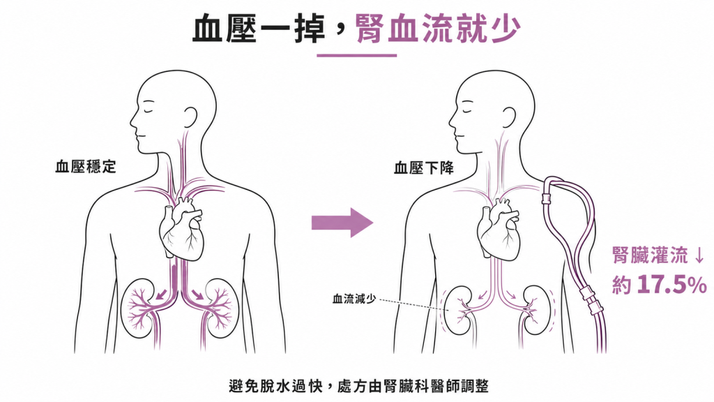 洗腎中血壓下降時腎臟灌流約下降 17.5%，反覆缺血會磨掉殘餘腎功能