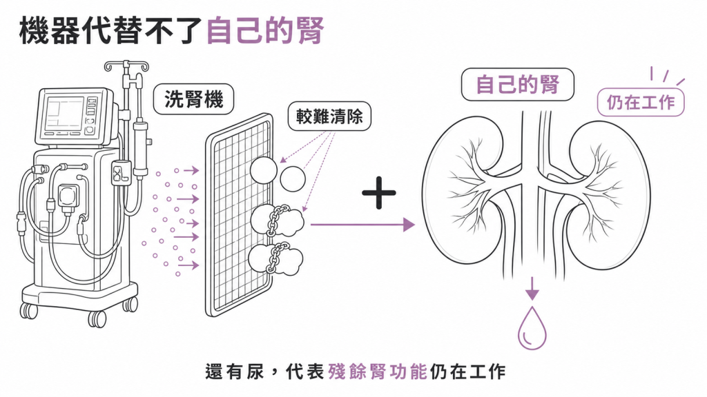 洗腎機像粗篩網，中分子與蛋白結合毒素較難清除；還有尿代表殘餘腎功能仍在工作