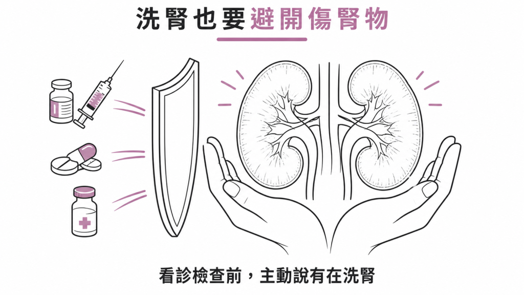 洗腎病人要避開的腎毒性暴露：顯影劑、NSAID 止痛藥、部分抗生素