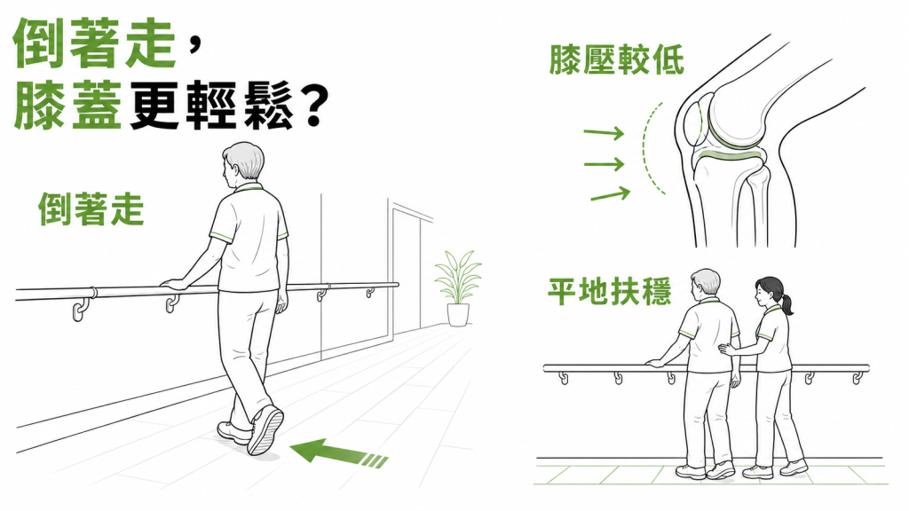 倒著走護膝重點圖解：扶著扶手在平地倒退走、膝蓋前側受力較低、有人在旁陪同