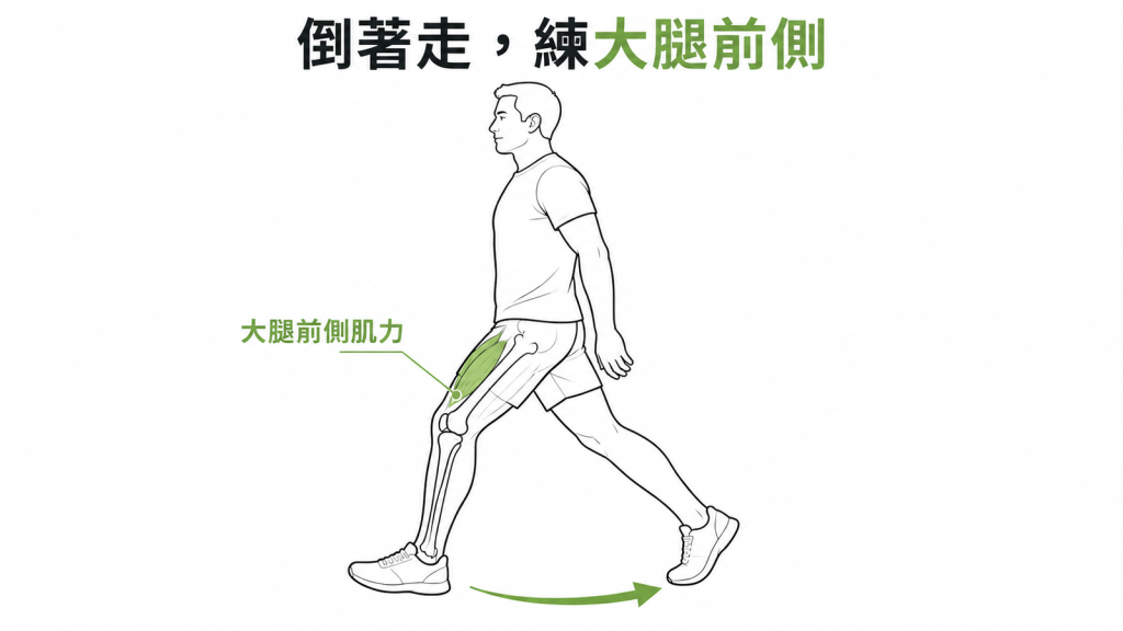 倒著走主要訓練大腿前側肌力，是研究中效果最扎實的一項