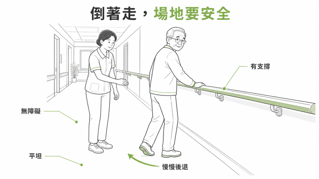 倒著走的安全場地：平坦、無障礙、有扶手支撐，並有人在旁陪同
