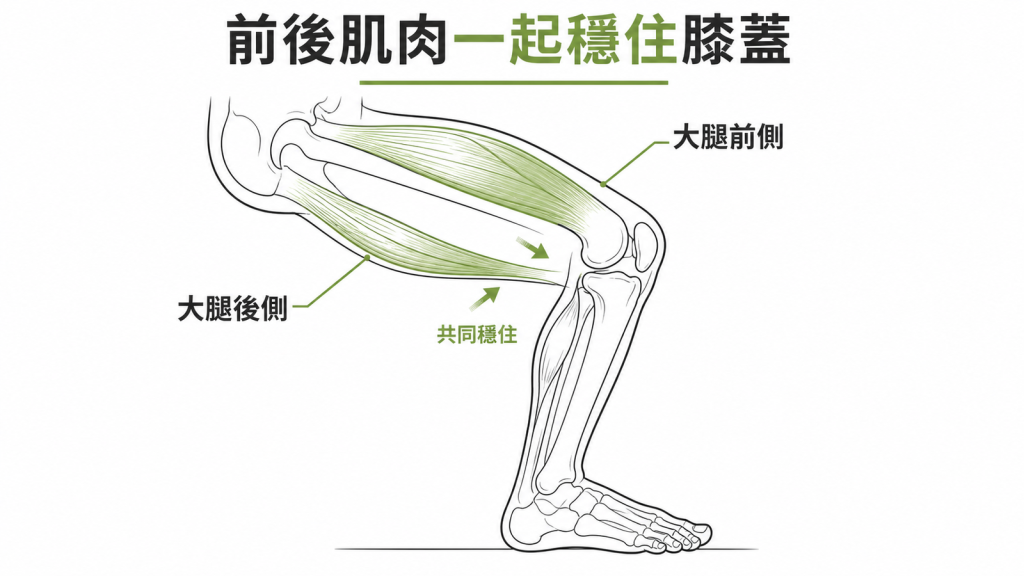 大腿前側與後側肌肉同時出力，像兩條繩子前後穩住膝蓋