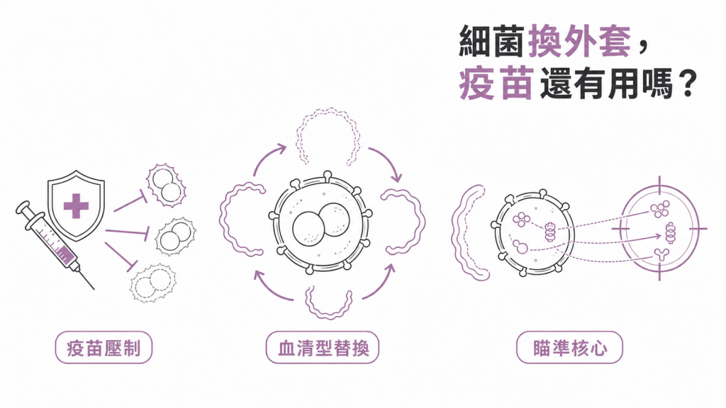 肺炎鏈球菌血清型替換示意圖:疫苗壓制、血清型替換、下一代疫苗瞄準保守抗原