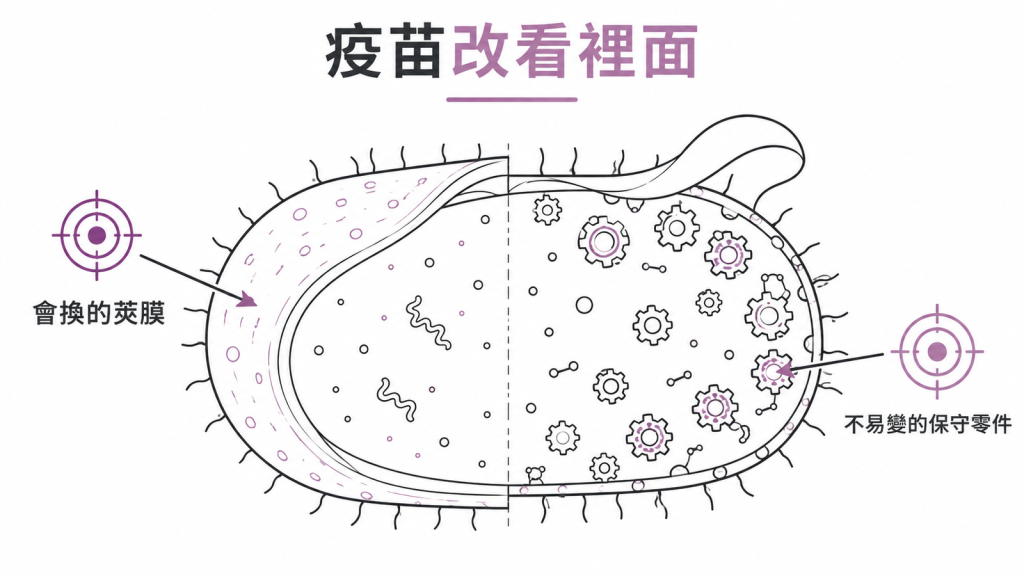 結合型疫苗瞄準會換的莢膜,下一代疫苗改瞄準細菌內部不易變的保守抗原的對照示意圖