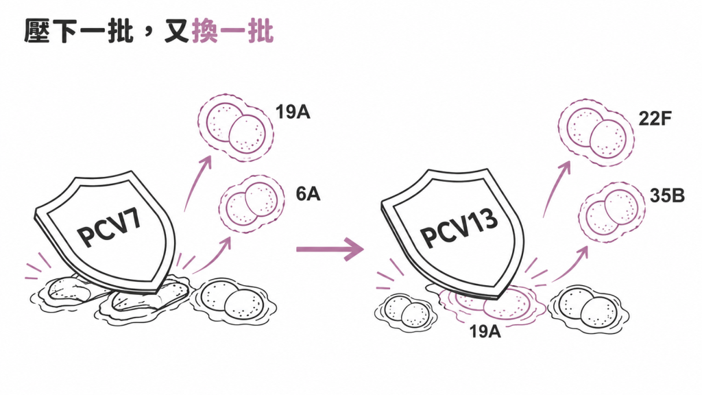 PCV7 之後 19A、6A 上升,PCV13 壓下 19A 後換 22F、35B 冒出的世代對照示意圖