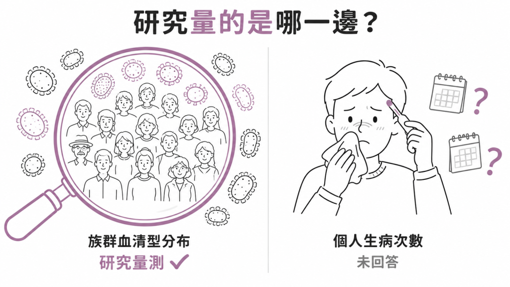 這些研究量的是族群層次的血清型分布,不是個人生病次數的對照示意圖