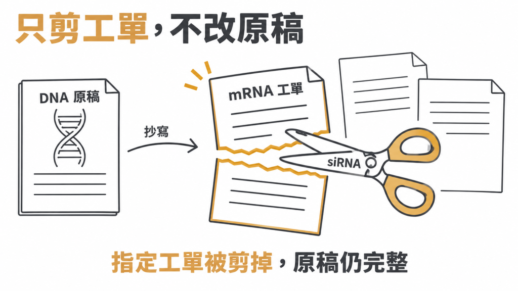 siRNA 只剪掉指定的那張 mRNA 工單，DNA 原稿不被改寫，所以需要定期補打