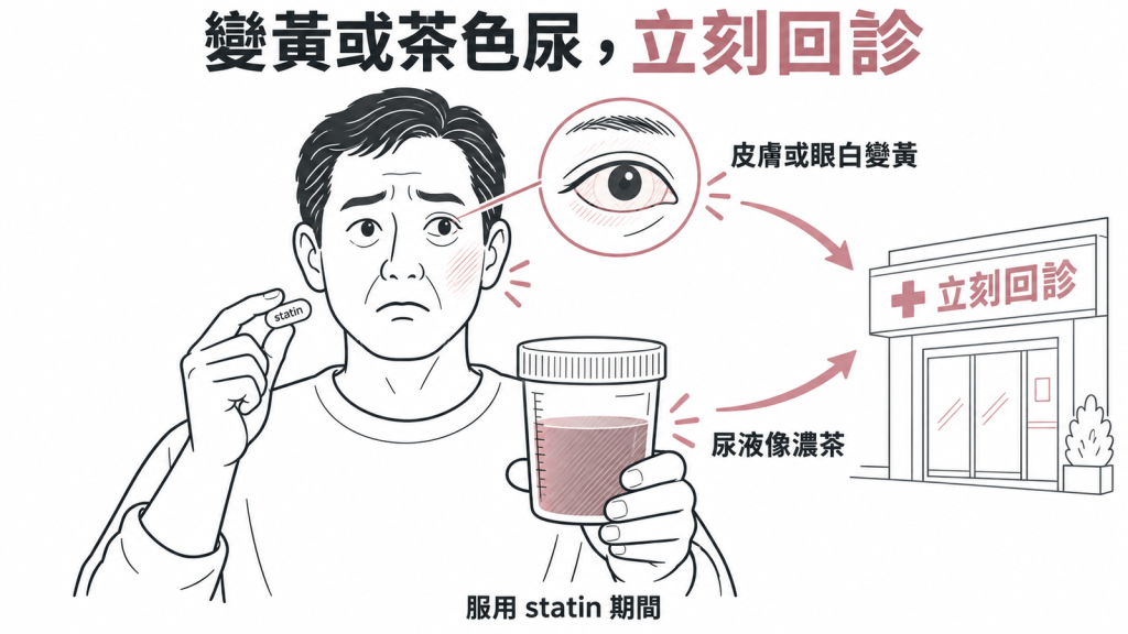 服用 statin 期間皮膚或眼白變黃、尿液像濃茶,要立刻回診