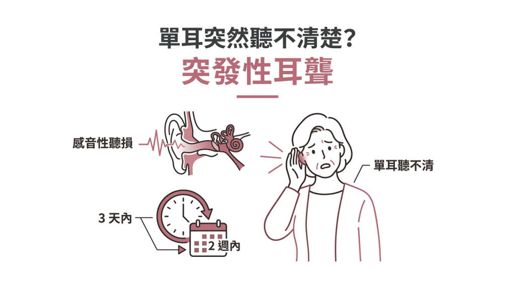 單耳突然聽不清楚可能是突發性耳聾,屬於耳科急症。封面提醒 3 天內看耳鼻喉科,2 週內把握類固醇治療