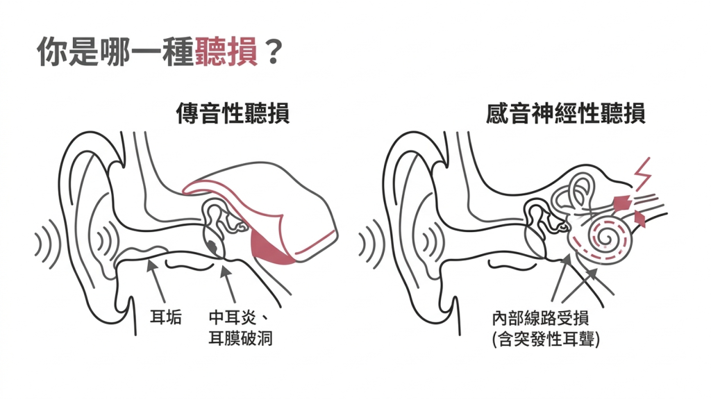 左邊的收音機被棉被蓋住,代表傳音性聽損;右邊的收音機內部線路斷裂,代表感音神經性聽損